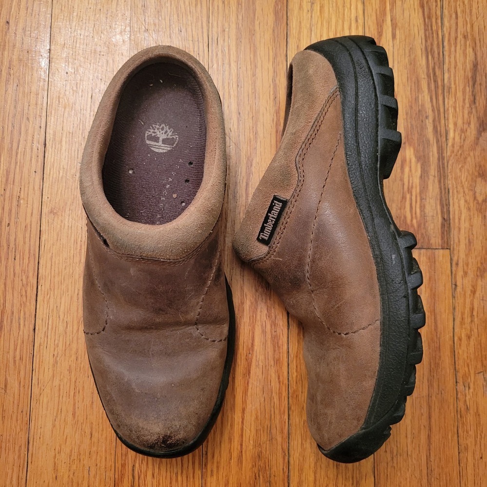 Timberland Brown Leather Suede Slip On Mules Clogs Shoes 6M Granola Earthy